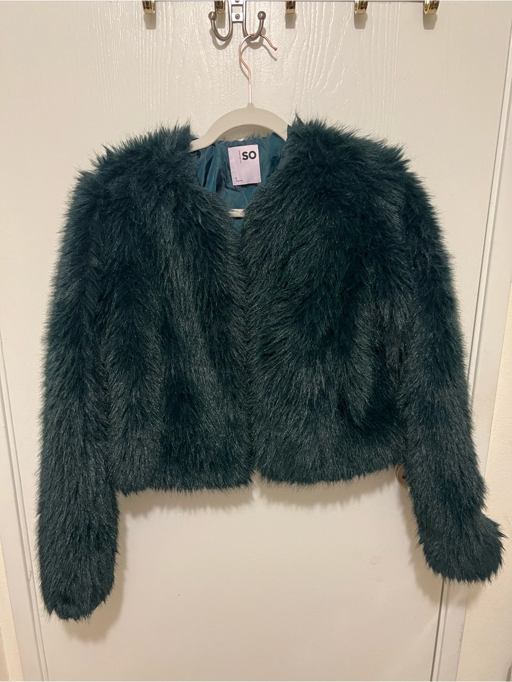 SO Plush Faux Fur Cropped Coat in Teal